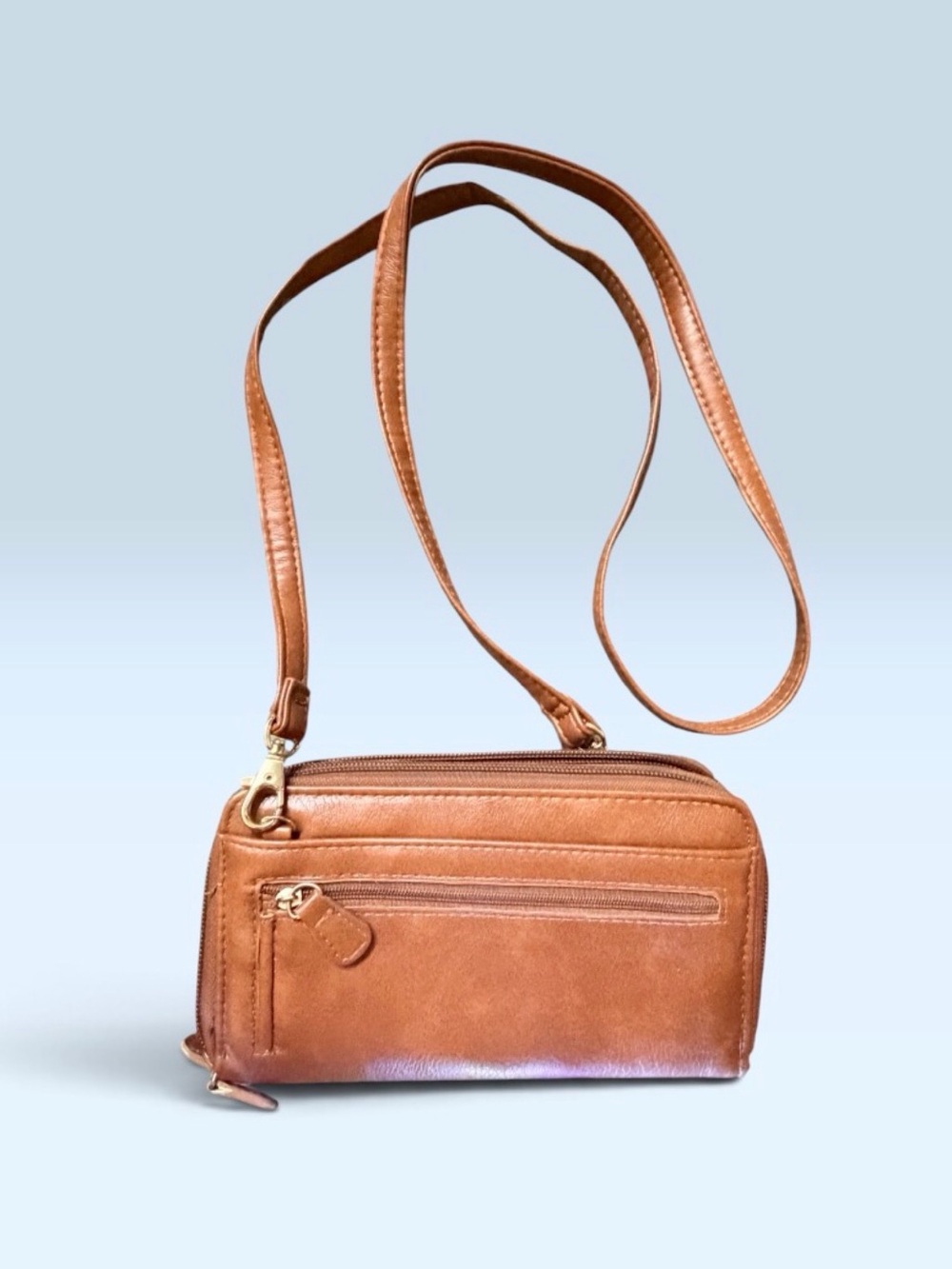 Women's Tan Leather Crossbody Bag with Front Zip Pocket